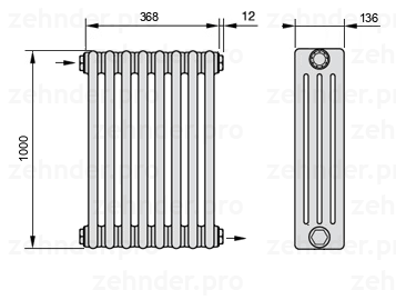 Схема (чертеж) Радиатор Zehnder Charleston 4100/8 №1670 Белый глянцевый RAL 9016